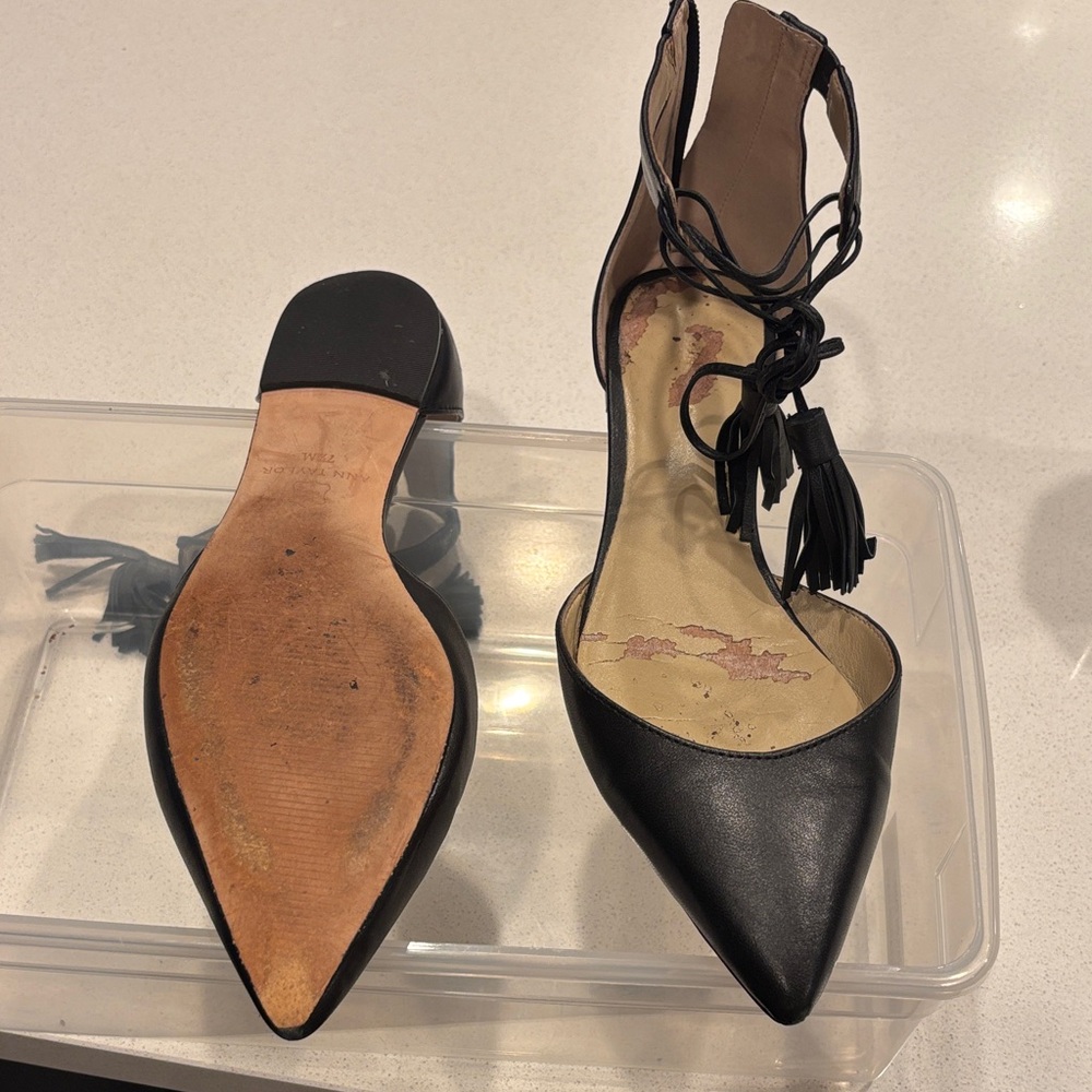 Black Women's Pointed Toe Ankle strap flats w tassel